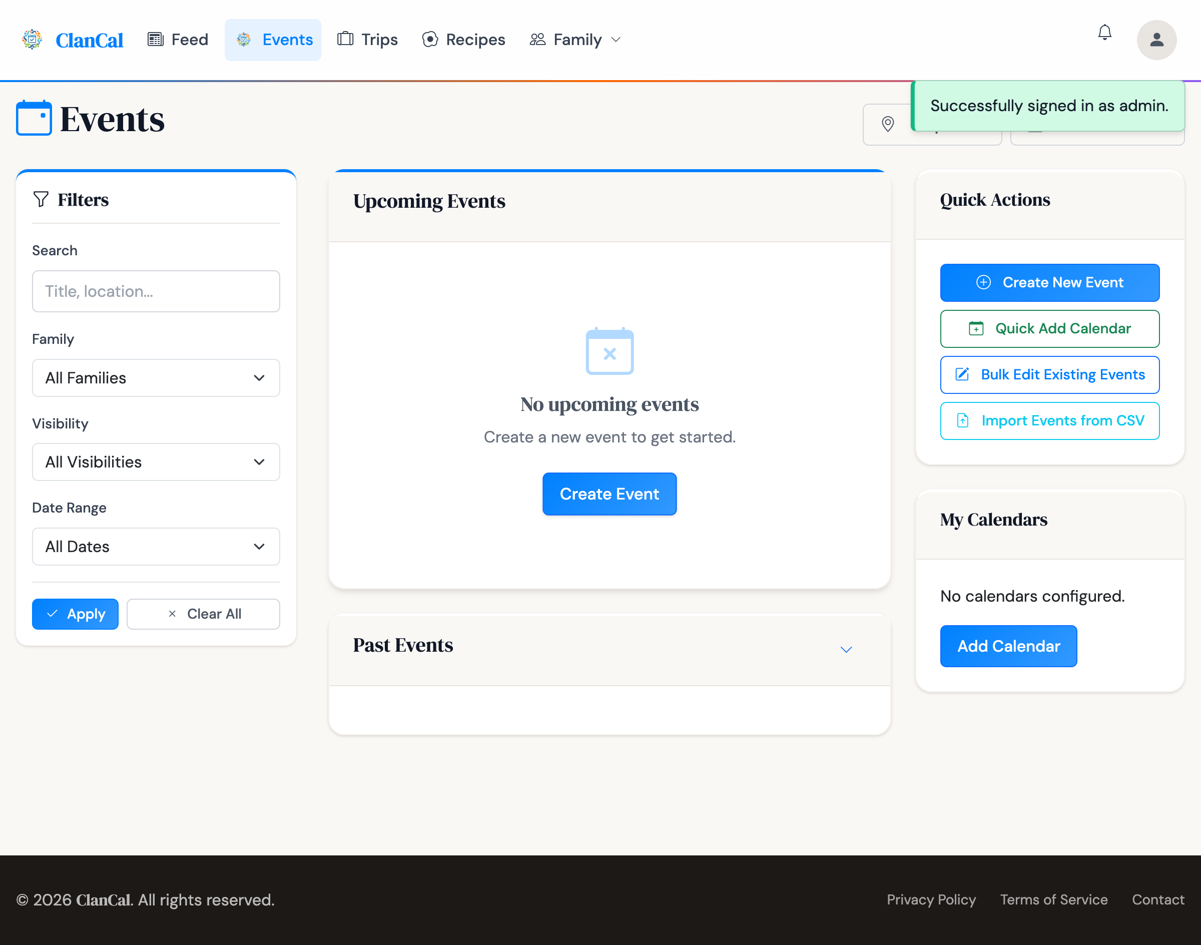Events page in the ClanCal web app